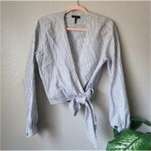 Prescot Striped Linen Blend Long Sleeve Wrap Top Womens Small